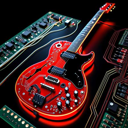 lazympos, depth of field, hyperrealistic, masterpiece, intrincate details, TzigoCBS,
an electric guitar made of circuit boards, red guitar with glowing red circuit board patterns, simple black background, red electricity arcs