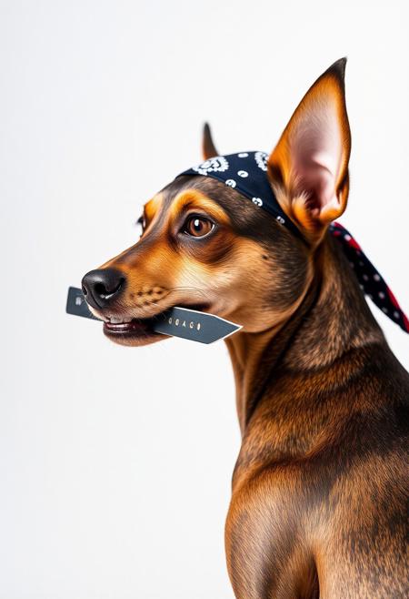 score_9, score_8_up, score_7_up, score_6_up, score_5_up,a Miniature Pinscher with a knife in his mouth, no humans, animal focus, simple background, dog, animal, knife, from side, full body, bandana on head, knife in mouth