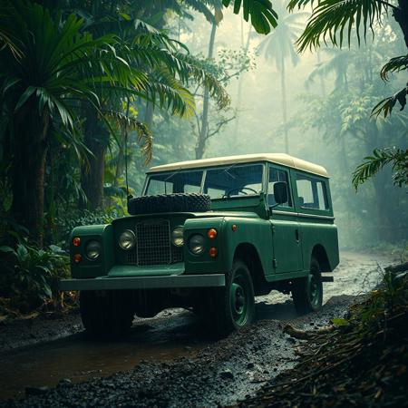 A vintage Land Rover Series I off-roading through a tropical rainforest during a light rain, lush green foliage, muddy terrain, mist in the air, cinematic light rays through trees, retro film tones, realistic textures, photorealistic, 4k, high detail