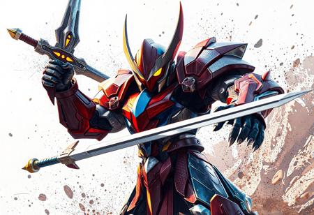 Mirror Swordknight robot, red & blue armor, yellow eyes, shouting, dynamic action pose, Realm of Danger! background, splash ink illustration, Unreal Engine 5 pro, Artstation trending, CGSociety, golden ratio, Octane render, high-res, 4k, exceptional quality, lifelike details, handcrafted, stunning colors, contemporary aesthetics, matte painting, creative angle, isometric view.