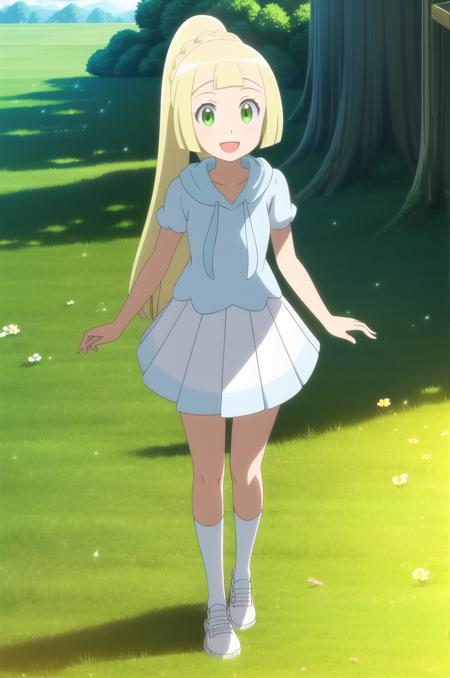 (masterpiece), high quality, detailed background, 1girl, solo,
<lora:PokemonLillie-v1-03:0.7>, ChopioLillie, blonde hair, long hair, blunt bangs, green eyes, (looking at viewer:1.3),
high ponytail, braid,
outfit_1, white shirt, hood, hood down, puffy short sleeves, white skirt, pleated skirt, white socks, white shoes,
outdoors, standing, grass, hills, river, forest, smile, happy, open mouth,