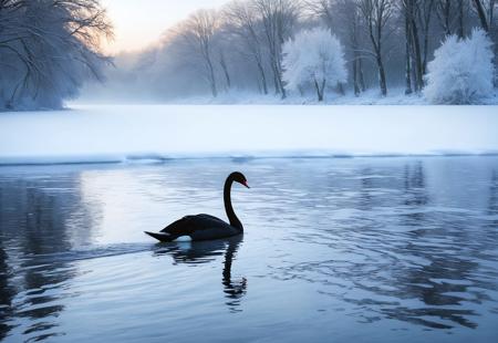 (masterpiece, best quality, ultra-detailed, photorealistic, cinematic lighting, award-winning wildlife photography, serene winter landscape)
A majestic (black swan:1.4) gracefully gliding through the waters of a slow-moving (small river), surrounded by a breathtaking (snow-covered landscape). The contrast between the swan’s dark, elegant feathers and the pristine white snow creates a visually striking composition. Gentle ripples form around the swan as it moves, reflecting the soft glow of the winter sky. Frost-covered trees line the riverbanks, their branches bending under the weight of fresh snow. A light mist rises from the water, adding a sense of tranquility and mystery to the scene. Snowflakes gently fall from the sky, completing the magical winter atmosphere. The overall feeling is one of grace, solitude, and quiet beauty, capturing the essence of nature in its purest form.