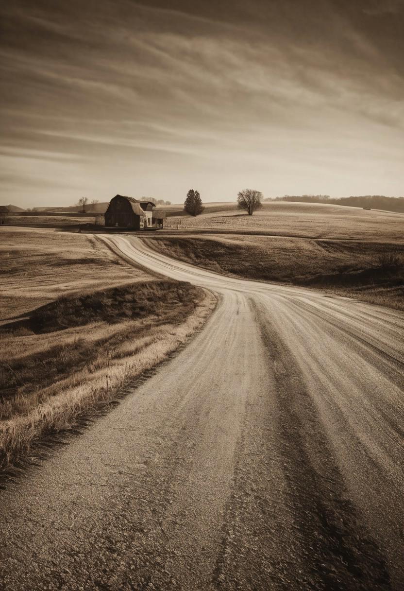 (((a scenic country road, with rolling hills, open fields, scattered farmhouses))), Warm Sepia, Rustic Vintage: warm lighting, sepia tones, soft focus, nostalgic ambiance, vintage elements, aged textures, timeless look, cozy atmosphere, vintage aesthetics, capturing history, nostalgic emotions, timeless scenes, artistic feel, storytelling through textures, professional technique, gentle light manipulation, vintage concept, nostalgic styling, timeless environment, surreal aesthetics, captivating narratives, intricate details, vintage landscape, editorial storytelling, warm glows, evoking nostalgia, pushing creative vision <lora:add-detail-xl:2> <lora:Cosine_freck:1>