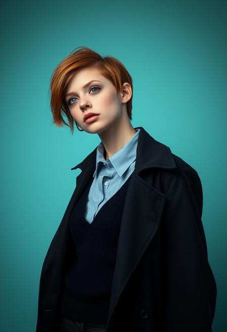 Dark mood masterpiece photography of expressive beautiful sexy cute supermodel, 19yo, (midshot:1.4), french-spanish,  auburn ginger hair styled in a short pixie cut , beautiful bright eyes , standing in front of a pale turquoise background, wearing an open black trench coat with a and navy v-neck jumper and pale blue collared shirt underneath and a micro skirt. has short, and is looking off to the side with a thoughtful expression on her face. catchlights , realistic skin texture, intense sight, sexy, solo, shy expression, pale skin with blushing cheeks , soft and sensual full lips, seductive and slightly rebellious vibe,  fashion magazine cover style, rimlight, professionally color graded, Film Grain style