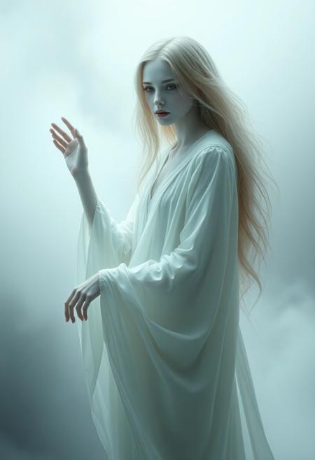 ghostly woman, ethereal figure, flowing white robes, (haunting presence:1.3), pale skin, long flowing hair, spectral glow, eerie atmosphere, misty background, soft lighting, (translucent:1.2), otherworldly, delicate yet unsettling, (haunting beauty:1.4), muted colors, supernatural aura, high quality, (ghostly apparition:1.3)