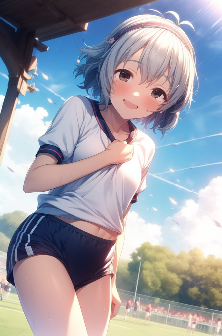 idolmaster cinderella girls narumiya yume grey hair silver hair short hair wavy hair antenna hair hair between eyes sidelocks brown eyes mole mole under eye small breasts flat chest