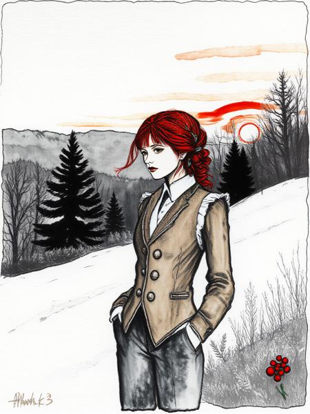 Vertical thirds, 1st ink wash winter scene, 2nd redhead in christmas waistcoat, 3rd setting sun