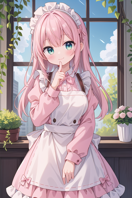 insanely detailed, absurdres, ultra-highres, ultra-detailed, best quality,
1girl, solo, nice hands, perfect hands,
BREAK
apron, blush, bow, bowtie, frilled apron, frills, long sleeves, maid, maid apron, maid headdress, waist apron, white apron
BREAK
smile, closed mouth
BREAK
finger to mouth, index finger raised, shushing, cowboy shot, looking at viewer,
BREAK
slender, kawaii, perfect symmetrical face, ultra cute girl, ultra cute face, ultra detailed eyes, ultra detailed hair, ultra cute, ultra beautiful,
BREAK
day, flower, ivy, leaf, indoors, open door, plant, potted plant, vines, window,
BREAK
white (pink:1.2) hair, green eyes, long hair, medium breasts, bangs, eyebrows visible through hair,