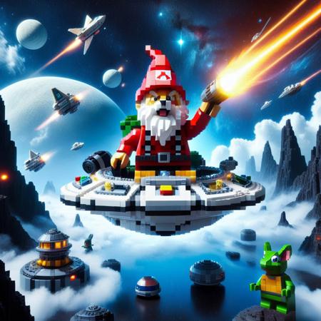 Whimsical Cartoon into Real Photo Backgrounds, Pixel Art, PixArFK, made of legos, 
score_9, score_8_up, score_7_up, score_6_up, score_5_up, score_4_up, masterpiece best quality, excellent countershading, detailed lighting, depth of field, dynamic angle, close up, oil painting BREAK a whimsical gnome riding a Shiba Inu flying saucer with its mouth open charging a laser beam, funny, realistic, photograph, shiny, rabbit, bear, frog, BREAK star cluster,space stars,clouds,stars,nebula,space art, deep space, cyberpunk space station, sci-fi space station, outer space, stars, planets, nebula, galaxies, the Milky Way, space station, massive space station, space shuttle, PixArFK