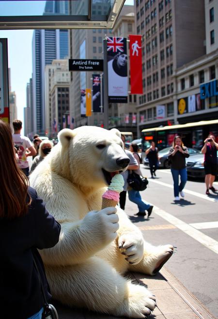An anthropomorphic polar bear is licking ice cream, sitting at a bus stop in downtown New York, there are a lot of people around, busy traffic, people taking pictures, summer, heat, clear image, no blur