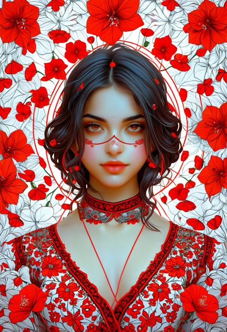 Persian Girl.(symmetry and balance, centered composition:0.1), style by nty ro, symetrical, elegant, highly detailed :3, german girl with cute face drawn in red lines surrounded by flowers, high detail, intricate<lora:MJ52:0.5> <lora:glowneon_xl_v1:0.3>  <lora:model_SDXL:0.65>