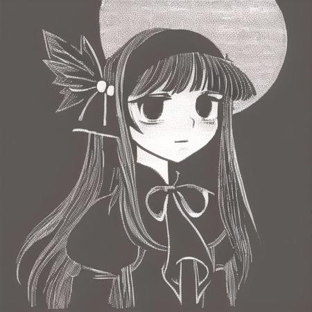 <lora:sovhobb2:1.0>, sovhobb, picture, cartoon, drawing,1girl, black eyes, black hair, closed mouth, expressionless, eyelashes, greyscale, hairband, hand on own chest, highres, long hair, looking at viewer, magical girl, monochrome, neck ribbon, ribbon, simple background, solo, spot color, white background