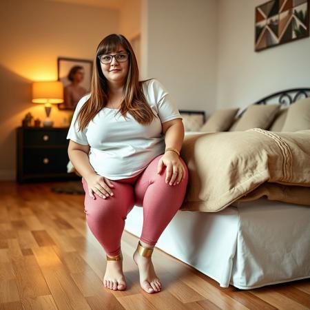 A full body shot of a chubby adult Scottish woman with long straight bangs, glasses, a white t-shirt, and pink textured leggings. She is barefoot wearingmetal cuffs on ankles sitting  the side of a daybed in a bedroom with hardwood floors. Warm lighting,