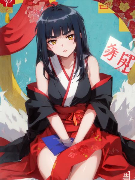 Nengajo: The Japanese New Year's Card,謹賀新年,元旦
,shimabara yuuhi,lips gloss,blue black hair,short disheveled bangs,jagged cowlick,long locks,medium hair,thick eyebrows,sharp yellow eyes