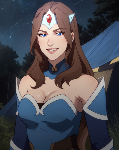 mirana,blue eyes,brown hair,bangs,
cleavage,blue top,skirt,blue detached sleeves,tiara with gem,
standing,upper body,
camp,night,smile:0.7,
(insanely detailed, beautiful detailed face, masterpiece, best quality),<lora:mirana-10DB:0.8>,