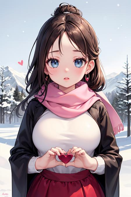 (masterpiece, best quality), Scarves, Diva, Average Height, Firm, Heart-Shaped Face, Tan Skin, Dark Brown Hair, ice blue Eyes, Straight Nose, Full Lips, Round Chin, Long Hair, Straight Hair, Wedding Updo, natural breasts, Clip-on earrings, light pink matte lipstick, a peaceful winter countryside with rolling, snow-covered hills