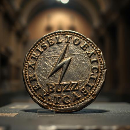 Closeup of a ancient Rome detoriated coin in museum with lightning bolt symbol and text in ancient font saying BUZZ, realistic, masterpiece, dramatic light, depth of field
