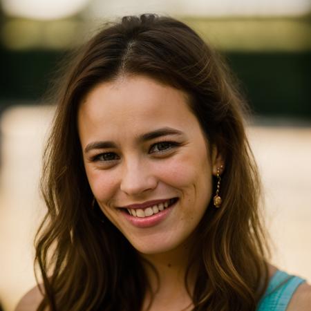 Realistic photo of a beautiful r4ch3lm-v2 woman, 1girl, solo, long hair, looking at viewer, smile, brown hair, jewelry, upper body, earrings, teeth, mole, grin, lips, mole under eye, messy hair, portrait, freckles, realistic, mole on neck, mole on cheek, soft lighting, professional Photography, Photorealistic, detailed, RAW, analog, sharp focus, 8k, HD, DSLR, high quality, Fujifilm XT3, film grain, award winning, masterpiece<lora:r4ch3lm-v2:1.0>