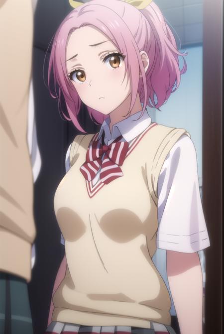 mariasarushima, <lora:maria sarushima s1-lora-nochekaiser:1>,
maria sarushima, short hair, (brown eyes:1.3), pink hair, ponytail, ribbon, hair ribbon,
BREAK skirt, shirt, bow, school uniform, white shirt, short sleeves, pleated skirt, striped, bowtie, red bow, grey skirt, sweater vest, striped bow, striped bowtie,
BREAK indoors, classroom,
BREAK looking at viewer,
BREAK <lyco:GoodHands-beta2:1>, (masterpiece:1.2), best quality, high resolution, unity 8k wallpaper, (illustration:0.8), (beautiful detailed eyes:1.6), extremely detailed face, perfect lighting, extremely detailed CG, (perfect hands, perfect anatomy),