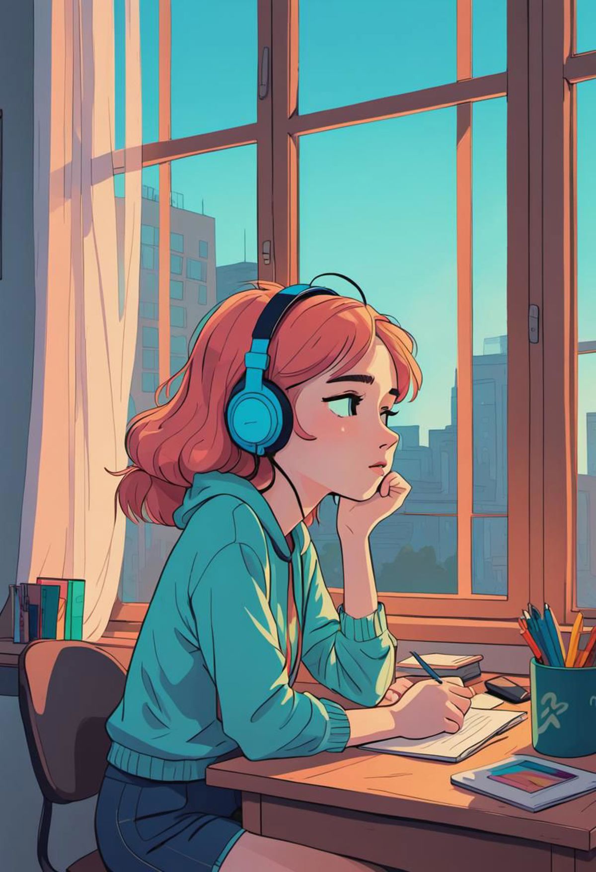 a bored student girl sitting at her desk, headphones, large window, melancolic vibes, vibrant colors, lineart