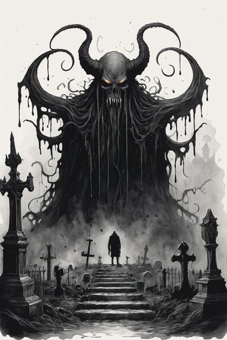 Ink Dripping Drawing, gigantic eldritch-demon in a graveyard, heavy fog, ink drawing, dripping ink