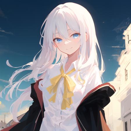 elaina_\(majo_no_tabitabi\), masterful, white hair, blue eyes, white shirt, black robe, body up, yellow ribbon, looking at viewer, slight smile, hand behind back, <lora:Elaina:1> <lora:pastelMixStylizedAnime_pastelMixLoraVersion:1>