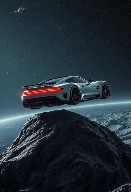 Mercedes-AMG ONE GT floating in outer space, ultra-realistic 4K render with high detail. The car has a pitch black and white color scheme, glowing red rear lights and neon blue front headlights. The car is levitating above a rugged asteroid, without contact to the surface. It is illuminated by distant stars, galaxies, and cosmic dust, casting subtle reflections on its sleek surface. Deep space lighting, realistic shadows, and a cinematic sci-fi atmosphere. The background features a cosmic environment with stars, nebulae, and distant celestial bodies. Emphasis on photorealism, weightless suspension, and dramatic lighting that enhances the futuristic vibe