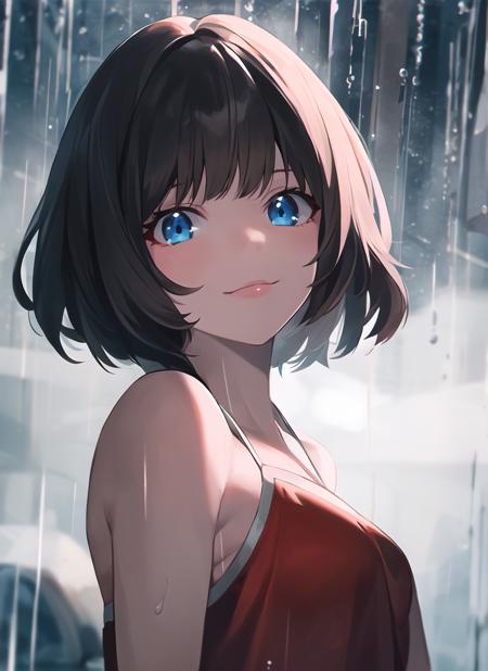 (best quality, masterpiece:1.1), 1girl, upperbody, blade runner 2049, beautiful 25yo woman, short hair, blue eyes, beautiful detailed eyes, wearing red dress, bare shoulders, white straps, smile, neon, rain, (highly detailed, smooth, sharp focus), <lora:alisaselezneva:0.8>