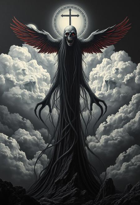 (art by Eduard Wilhelm Pose and Master of the Holy Blood and Ivan Bilibin:1.1), (sheltered atmosphere, aesthetic of hard - edge painting:0.1), symmetry and balance, pure black, detailed, FastNegativeV2, ral-dissolve,Completely (James Ensor,Unica Zurn,Zdzislaw Beksinki:1.25), Paranormal, Apparition, intricate, oil on canvas, (surrealism:1.1), detailed, FastNegativeV2, amazing quality, masterpiece, best quality, hyper detailed, ultra detailed, UHD, perfect anatomy, (Award winning, masterpiece), clouds, apocalypse, armageddon, flying spaghetti monster