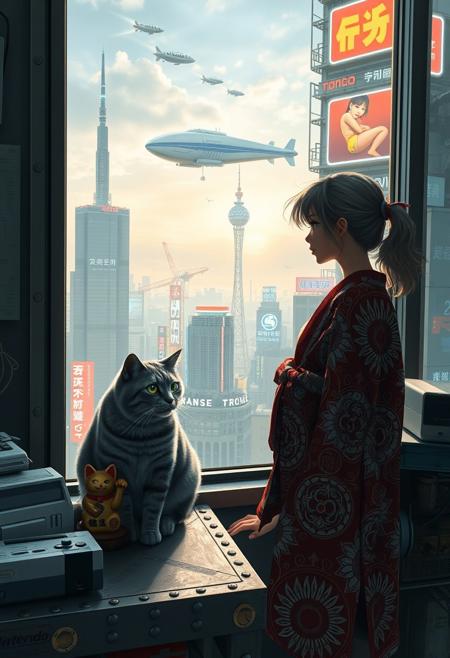 Grey tabby cat with green blue eyes sits on a cluttered metal riveted desk next to a maneki neko statue and a small Nintendo , the cat is looking out to a floor to ceiling window that looks out over a futuristic cyberpunk Tokyo skyline with skyscrapers, holographic advertisements, futuristic airships covered with lights and advertisements in Japanese, a space elevator, (((a tall thin beautiful young woman, 22 years old, is standing next to the cat looking out at the city through the window))), The woman is dressed in an ornate Japanese style bath robe, low cut to above navel and showing her lower legs.  The woman's hair is messy from just waking up and tied up with a ribbon. Artistic cyberpunk, dynamic perspective, a translucent neon projection of a strip club bar advertisement displaying a partially dressed woman is visible on a nearby building,