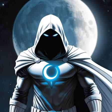 concept art of  <lora:comic book magazine:1>  from a comic book magazine style
moon knight a man in a hoodie standing in front of a full moon with glowing blue eyes, digital artwork, illustrative, painterly, matte painting, highly detailed