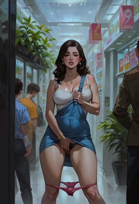 score_9, score_8_up, score_7_up, 1girl, watched, spied on voyeur pov, 20 year old, gorgeous sexy woman, standing masturbating, panties down at her knees, wearing a tee and panties in public, curvy, curvy arms, curvy legs, natural size breasts, curvy hourglass frame, in a mall, pussy slightly visible, pleasure face, legs apart, hairy pelvis,
