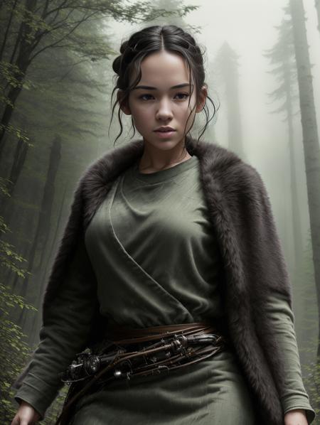 (8k, best quality, masterpiece),(best quality), (ultra highres), action pose, a beautiful woman <lora:AnnaelliV4:1.0> , detailed iris, black hair, full body portrait, wearing rey jedi robes, star wars, forest endor background, modelshoot style, intricate, elegant, skin details, realism, (hyperrealism), (cinematic), (hyperdetailed), hdr