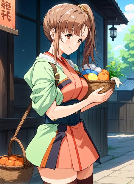 kajika, brown hair, brown eyes, side ponytail, long hair, japanese clothes, thighhighs