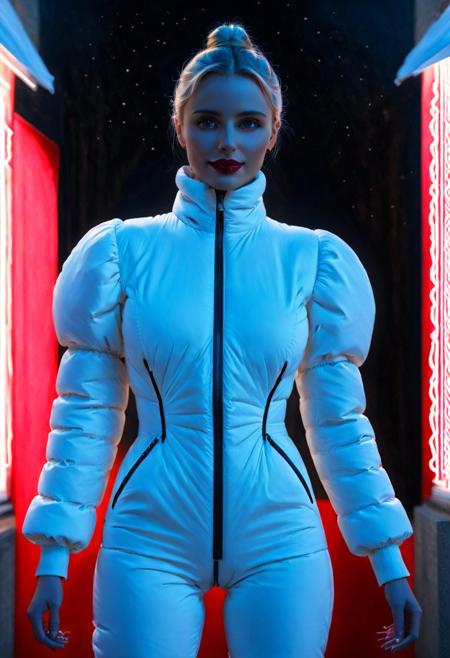 Masterpiece, detailed, realistic photo, night, European, female, close-up, several white lines painted on face, fully_dressed, red lips, gentle smile, 28 years old, Ultra detailed photo realistic background, semi side view, realistic high detailed face, anatomic correct bodies, extremely realistic, lots of detail, strong, hands out of view or hidden, Gdark, bright blue eyes, big black summer head, white clothes, outside, palace, franziska von karma, Lawrence, Jacob Lawrence Style SDXL, coralbugXL, censored, puffy sleeves, closed clothes, beautiful high-neck top, fully dressed, dynamic pose, dynamic attitude, inviting,  <lora:coralbugXL:1.85> , coralbugXL, downsuit, puffer_downsuit.