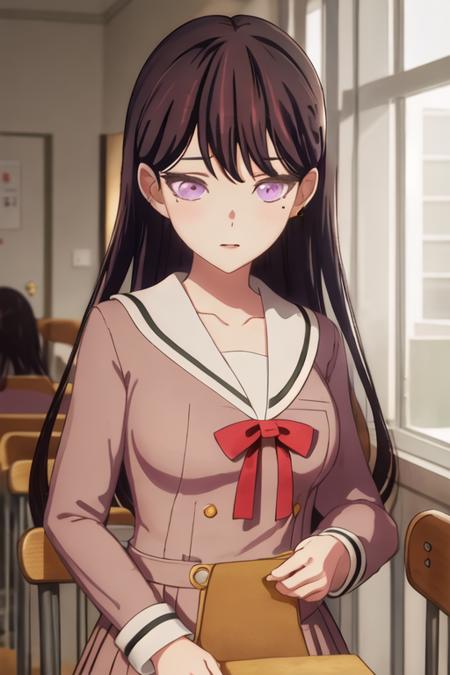 best quality, masterpiece, highres, solo, {shiina_taki_bangdreamitsmygo:1.15}, long_hair, black_hair, purple_eyes, mole_under_eye, mole, bangs, indoors, brown_hair, 1girl, school_uniform, solo_focus, dress, long_sleeves, brown_dress, holding, ribbon