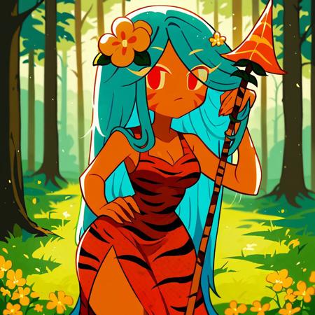 tigerlilycookie cookie run blue hair long hair flower in hair orange dress tiger print red eyes wide hips large thighs holding spear