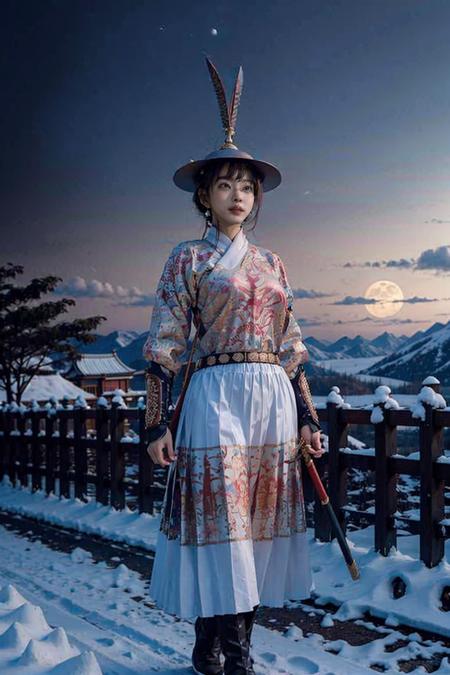 breasts outline, breast shape visible through clothing, big beautiful breasts,Ancient Chinese fortresses background, city walls,desert, 1girl,  masterpiece, 8k, best quality, photorealistic,    outdoor, snow,   sword, moon_night