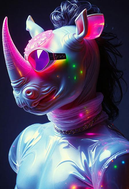 Male rhino superhero model , crystallisation, schizophernia, bioluminescent Jem the Hologram, surreal psychedelic flowing avant-garde art by Yoh Nagao and Erik Madigan Heck and Alan Aldridge, 1980's new wave totally radical fashion.,side view, side eye,