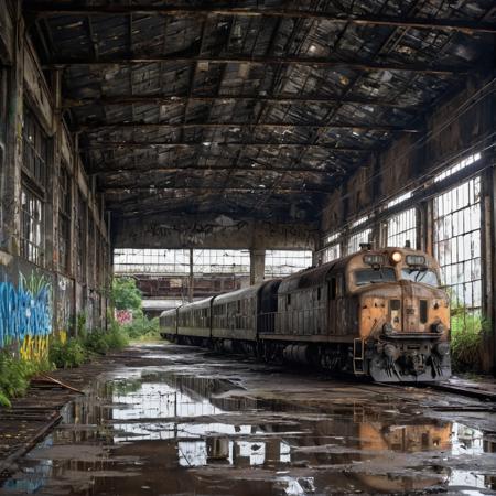 abandoned train depot with leaking roof, large puddles on the cracked concrete floor, rusted electric locomotives from the 1970s covered in dust and graffiti, wet metal surfaces reflecting dim natural light, broken overhead lighting, shattered windows letting in grey daylight, overgrown vegetation creeping inside, photorealistic, high detail, moody atmosphere, water dripping from ceiling, cinematic composition, ultra-realistic, 35mm lens, depth of field, wet surfaces, HDR, sharp textures, damp smell vibe
