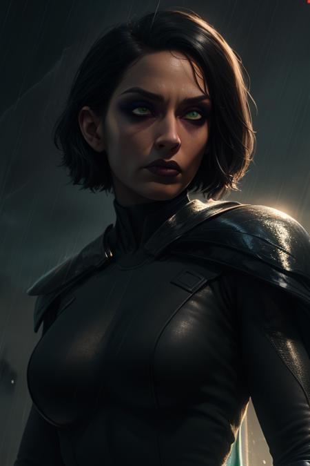 Trilla, short hair, green eyes, eye bags, eye shadow, sad expression, 
upper body,  close up,
TriArmor,cape,,armor,black gloves,tight bodysuit,black footwear,black cape,black pants,
raining,metal platform,night,
(insanely detailed, beautiful detailed face, masterpiece, best quality),<lora:Trilla:0.7>,