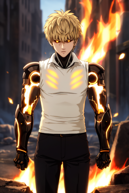 (masterpiece, best quality:1.4), colorful, high contrast, genos <lora:ironcatlora6GenosOne_v10:0.7>, white shirt, sleeveless, black pants, mechanical arms, glowing, glowing eyes, standing, fighting stance, fire, ruins