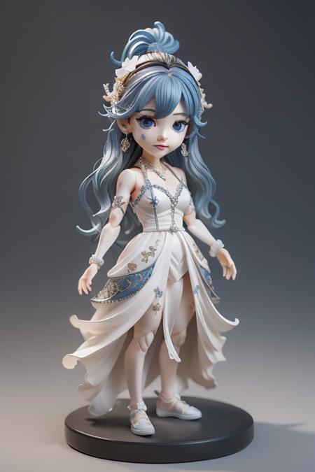 toy figurine, base, 1girl, solo, earrings, jewelry, blue eyes, dress, flower, full body, chibi, blue hair, standing, faux figurine, long hair, white dress, hair ornament <lora:toy figurine1.5v1:1>