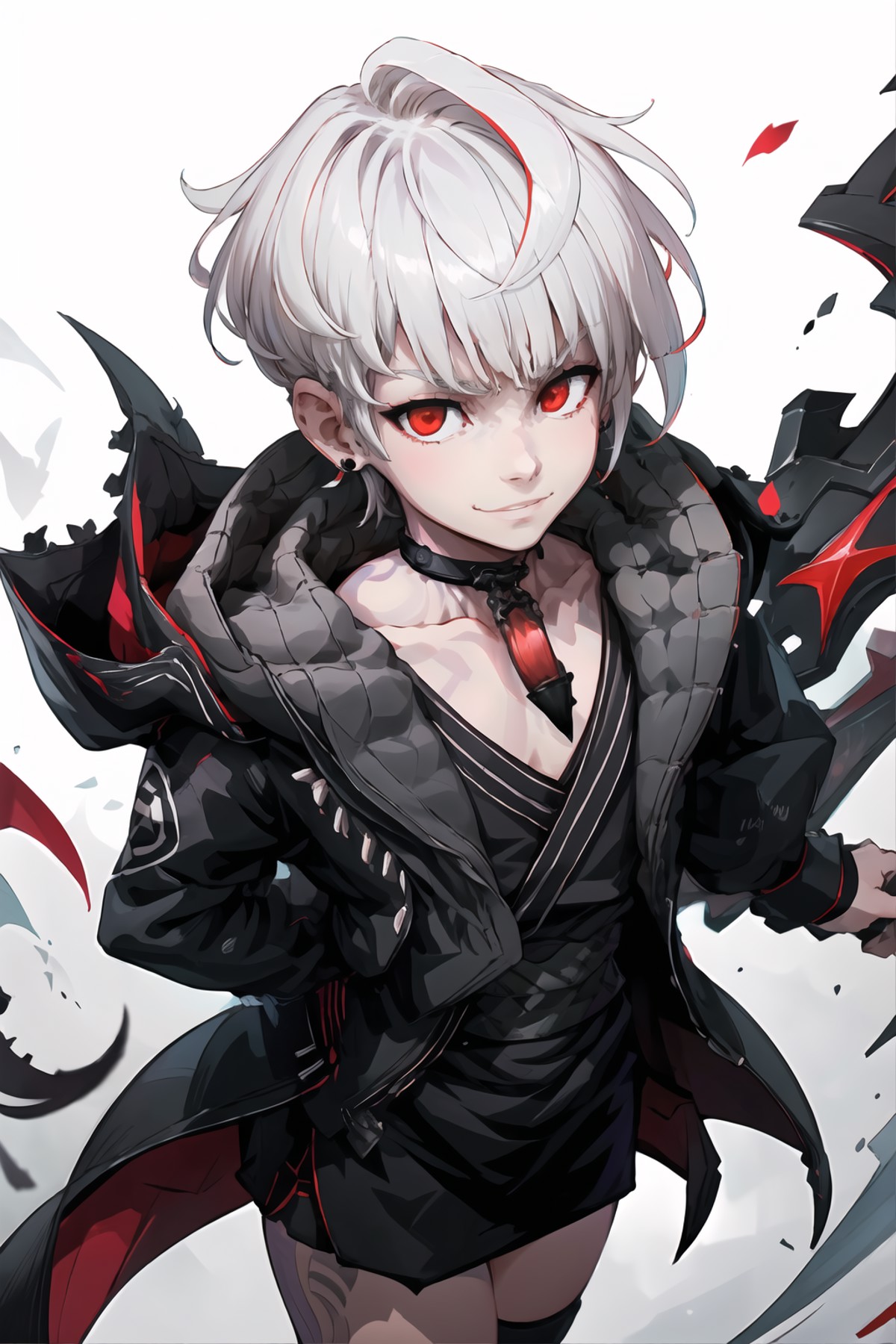 e7haste, siccar, 1boy, jacket, tunic, choker, earrings, closed mouth, red eyes, white hair, hell background, evil smile, f...