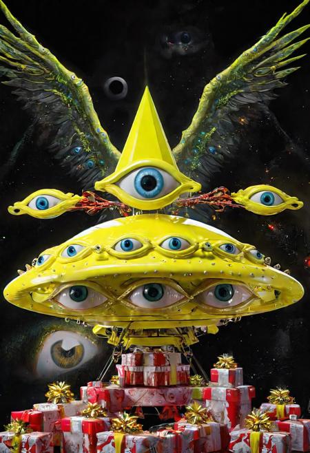 seraphins, mystical creature with hundreds of eyes and wings, roswell alien with yellow christmas hat, delivering presents with santa riding a ufo sleigh, intricate complexity, surreal horror, inverted neon yellow drip paint, photoreal