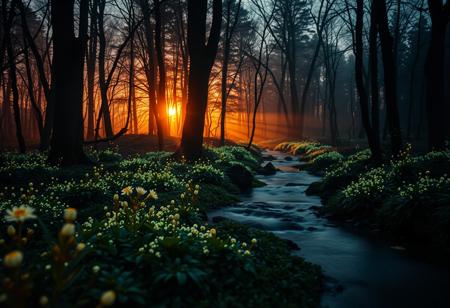 Cinematic long exposure, enchanting woodland at sunset, bio-luminescent brook flows through the trees, glowing flora, soft focus on the foreground, darkening backdrop, warm golden light, gentle mist, soft blur, warm tones, hyper detailed, intricate details, volumetric lighting, 8K, dslr, high quality