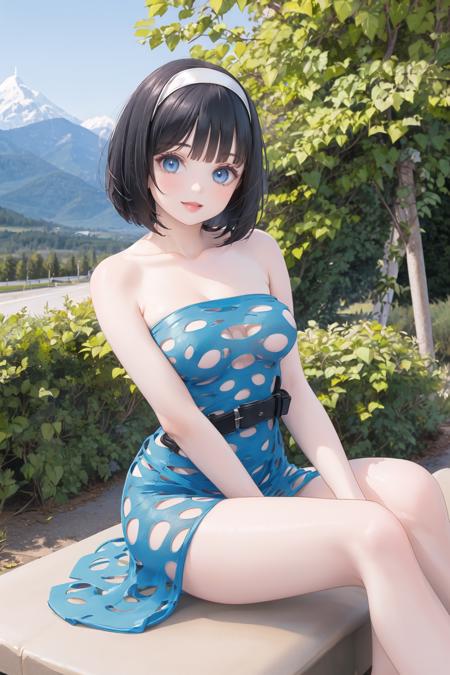 <lora:potholetube-10:0.7>, (strapless pothole tube dress), 1girl, solo, medium breasts, outdoors, mountain, blue eyes, black hair, bob cut, hairband, smile, lips, sitting, belt