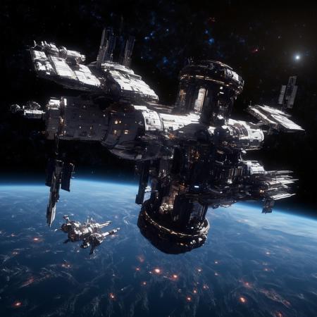 Design a breathtaking scene set in the vastness of space, where a futuristic spaceship is gracefully docking with a massive space station. Imagine this spacecraft as a marvel of human engineering, with sleek lines, glowing accents, and an array of advanced technologies on display. The space station, a towering structure with intricate details and multiple docking ports, serves as a bustling hub of interstellar activity.

As the spaceship aligns perfectly with the docking bay, highlight the intricate dance of mechanical arms and magnetic locks securing the two structures together. Add a dramatic touch with a vibrant nebula glowing in the background, its vivid colors contrasting the dark void of space. Enhance the sense of depth and movement with stars streaking across the scene, creating a captivating starfield.

Include subtle lighting effects to showcase the reflective surfaces of the spaceship and space station, emphasizing their metallic sheen. Perhaps add a few smaller vessels or spacewalkers nearby, providing a sense of scale and additional visual interest. The overall composition should evoke a sense of wonder, showcasing the beauty and excitement of space exploration and the potential of human ingenuity in the future.
