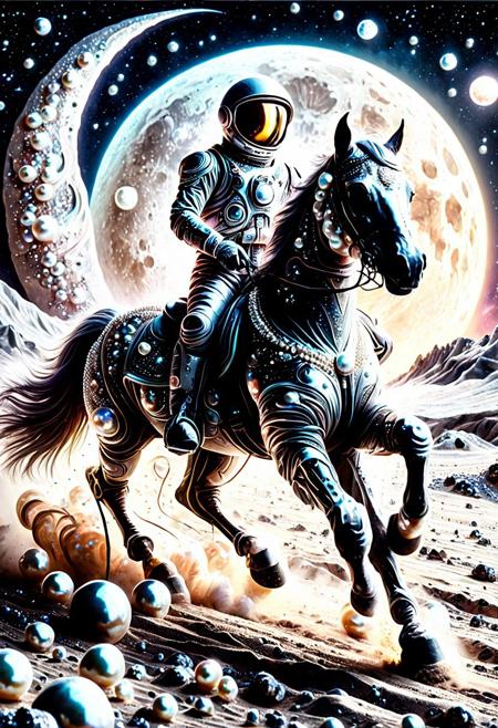 Pearlum, A majestic astronaut, adorned in a spacesuit made of pearl, rides gracefully atop a galloping horse across the desolate yet enchanting lunar landscape. The horse's powerful strides leave a trail of dust in its wake, as the astronaut's determination to explore this unfamiliar terrain is evident in their determined gaze. The unique beauty of this surreal scene is heightened by the vibrant pearl-hued light that filters through the moon's ethereal atmosphere, casting an ethereal glow upon the rider and their steed.<lora:Pearlum_World_Morph:1>