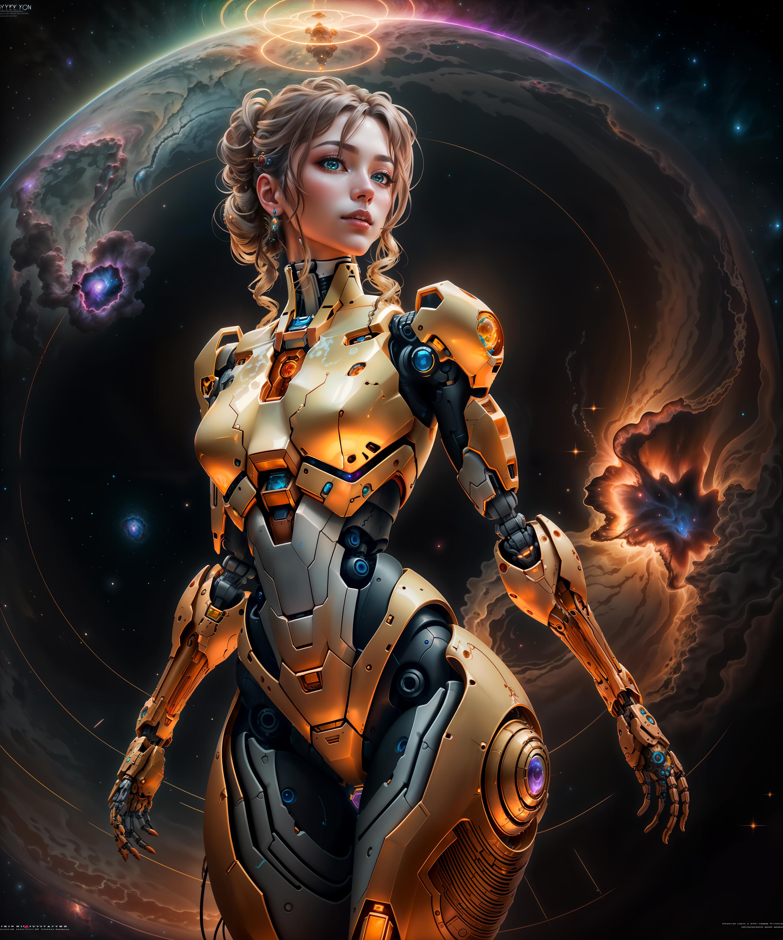 A digital illustration of a female robot or cyborg figure with a prominent ponytail, wearing an armored outfit. The scene takes place in a space setting with a planet in the background and two celestial bodies visible. The woman appears to be the main focus of the image, showcasing her unique and futuristic design.
